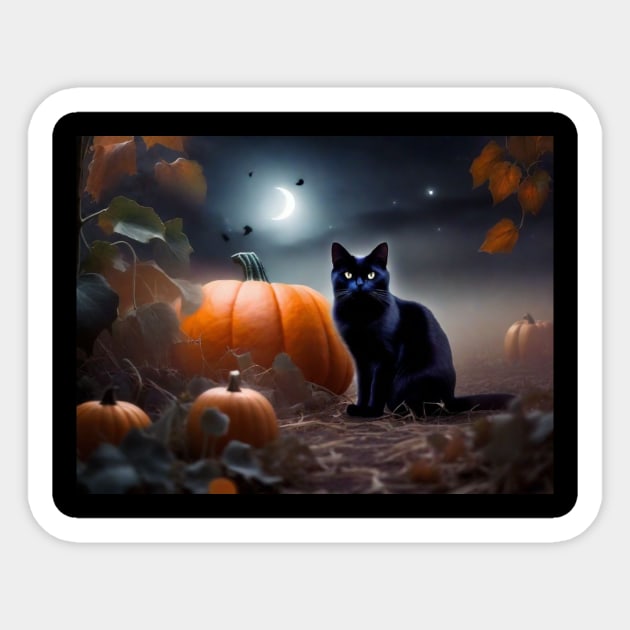 A sleek black cat in a pumpkin patch on Halloween night Sticker by Love of animals